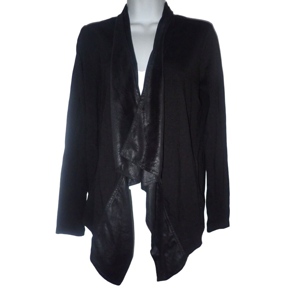 Cabi Women's Owens Black Waterfall Cardigan Jacket Faux Leather Trim‎ Size XS